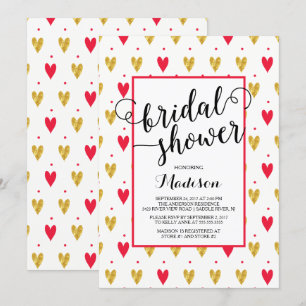 Modern Gold Red Hearts Bridal Shower Kaart