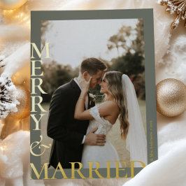 Modern Gold Sage Green Merry Married Photos Script Folie Feestdagenkaart