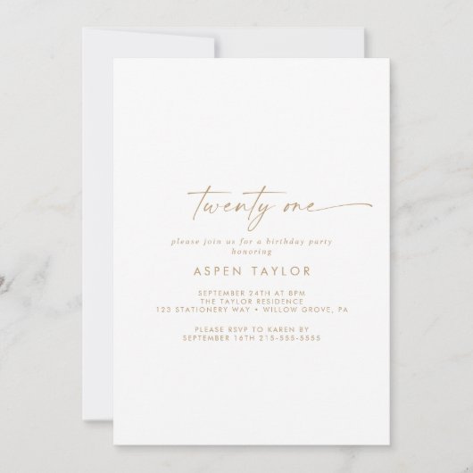 Modern Gold Script 21st Birthday Party Kaart (Voorkant)