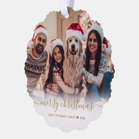 Modern Gold Script 2 Familiefoto Kerstmis Ornament Kaart (Links)