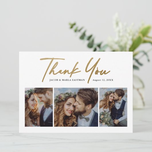 Modern Gold Script 3 Fotobruiloft Bedankkaart (Staand voorkant)