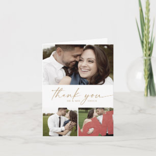 Modern Gold Script 3 Photo Collage Folded Wedding Bedankkaart