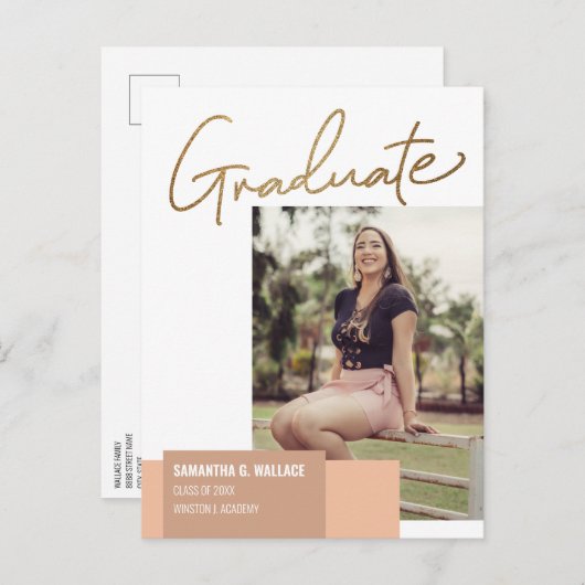 Modern Gold script Afstuderen Foto Aankondigingskaart (Voorkant / Achterkant)
