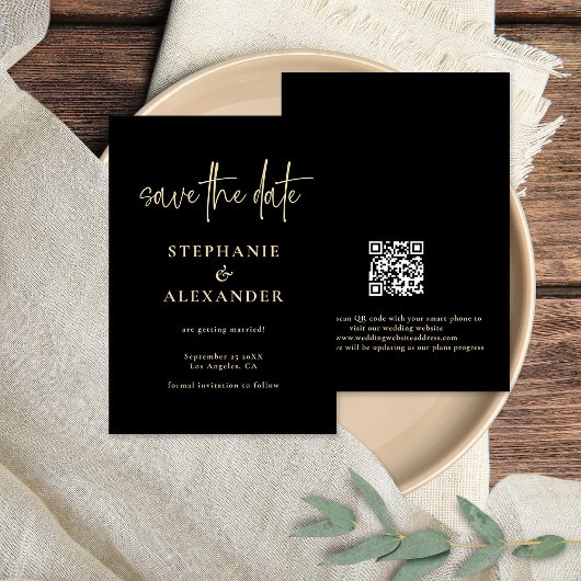 Modern Gold Script Black QR Code Weddenschap Save The Date