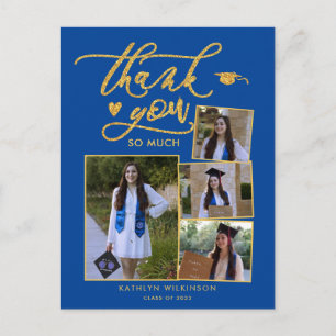 Modern Gold Script Blue Photo Afstuderen Hartelijk Briefkaart