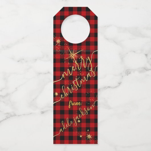 Modern Gold Script Buffalo Plaid Vrolijk Kerstfees Flessenhanger (Voorkant)