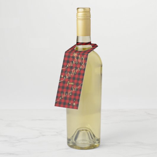 Modern Gold Script Buffalo Plaid Vrolijk Kerstfees Flessenhanger (Schuin)