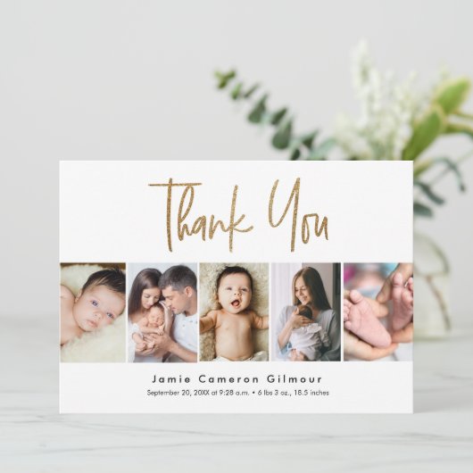 Modern Gold Script Custom 5 foto Baby Bedankkaart (Staand voorkant)