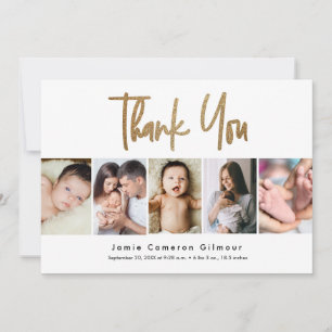 Modern Gold Script Custom 5 foto Baby Bedankkaart
