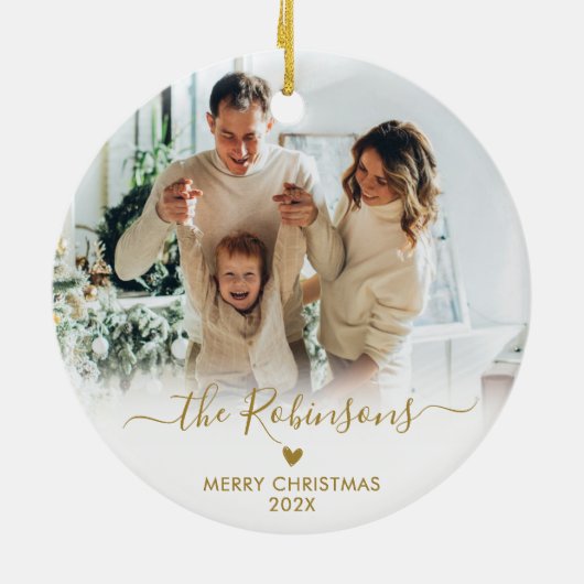 Modern Gold Script Familiefoto Vrolijk Kerstfeest Keramisch Ornament (Achterkant)