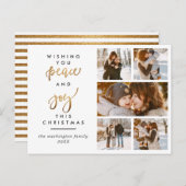 Modern Gold Script Peace & Joy Christmas 5 Foto Briefkaart (Voorkant / Achterkant)