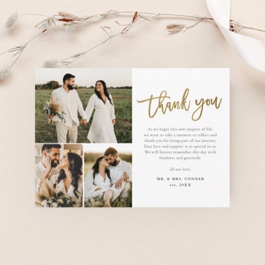 Modern Gold Script Photo Collage Wedding Bedankkaart