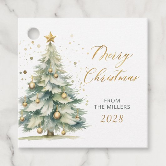 Modern Gold Script Waterverf kerstboom Bedankjes Labels (Voorkant)