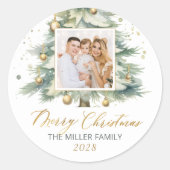 Modern Gold Script Waterverf Kerstboom Foto Ronde Sticker (Voorkant)