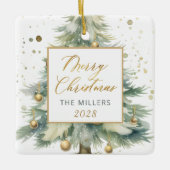 Modern Gold Script Waterverf kerstboom Keramisch Ornament (Voorkant)