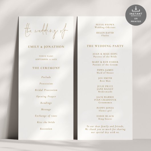 Modern Gold Script Wedding Program Kaart