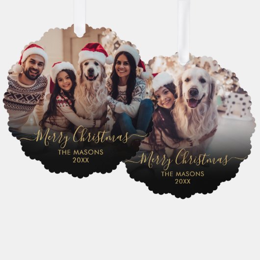 Modern Gold Script Zwart 2 Foto Kerstmis Ornament Kaart (Voorkant / Achterkant)
