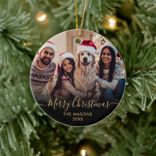 Modern Gold Script Zwart 2 Foto Vrolijk Kerstfeest Keramisch Ornament (Boom)
