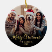 Modern Gold Script Zwart 2 Foto Vrolijk Kerstfeest Keramisch Ornament (Voorkant)