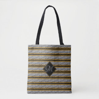 Modern Gold Silver Glitter Monogrammed Large Tote Bag