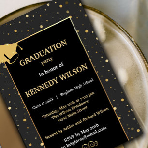 Modern Gold Sparkles Afstudeerder Invitation Zwart Kaart