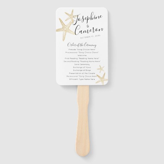 Modern Gold Starfish Beach Wedding Programme Handwaaier (Voorkant)