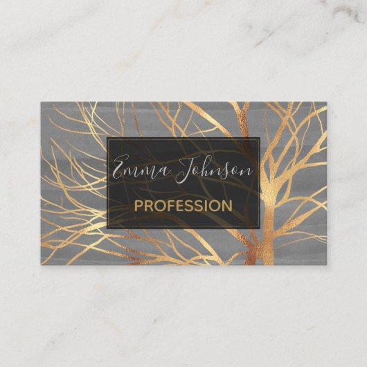 Modern Gold Tree Silhouette Minimaal grijs design Visitekaartje (Voorkant)