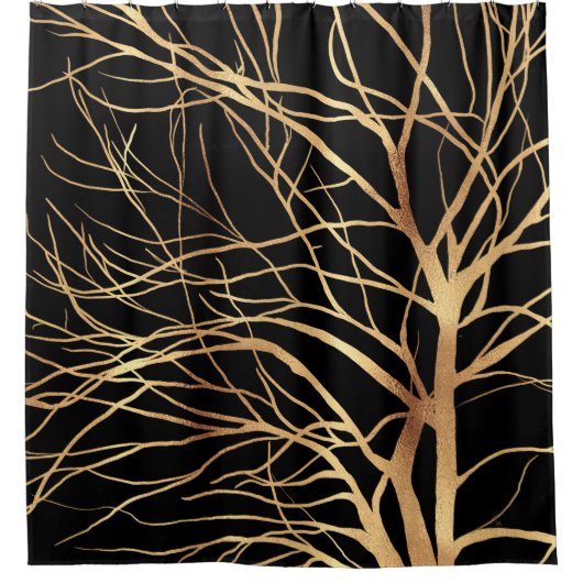 Modern Gold Tree Silhouette Minimaal zwart ontwerp Douchegordijn (Voorkant)