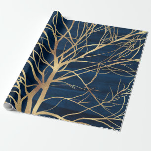 Modern Gold Tree Silhouette Minimumblauw ontwerp Cadeaupapier