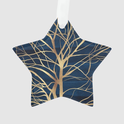 Modern Gold Tree Silhouette Minimumblauw ontwerp Ornament (achterkant)