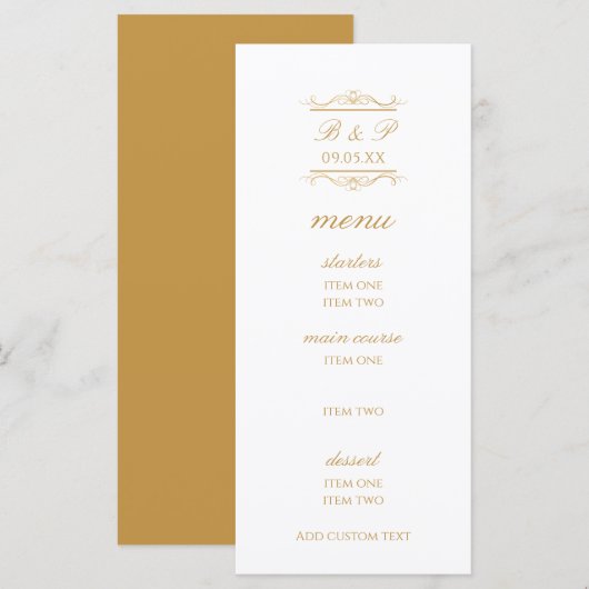Modern Gold & White Monogram Wedding Menu Card (Devant / Derrière)