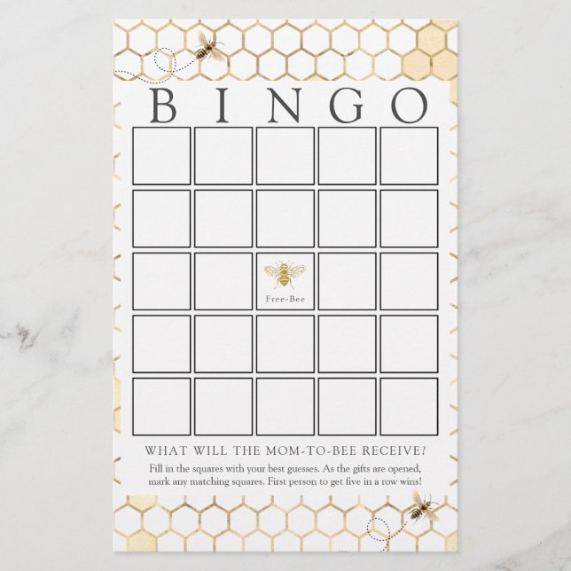Modern Golden Bee Baby Bingo Game Kaart (Voorkant)