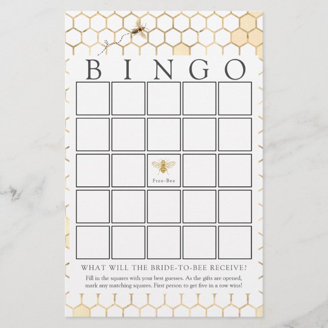 Modern Golden Bee Bridal Bingo Kaart (Voorkant)