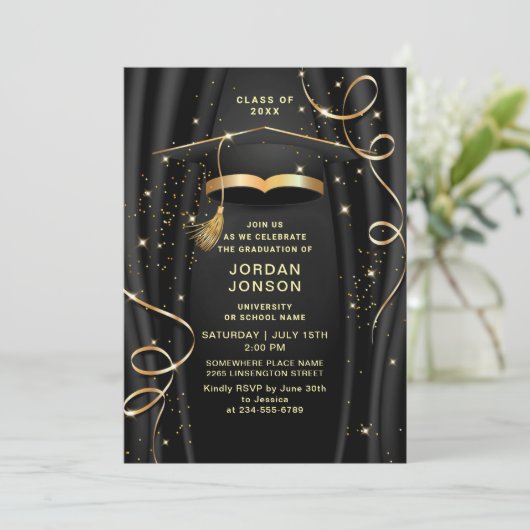 Modern Golden Black Graduation Party QR code Kaart (Staand voorkant)