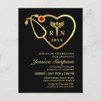 Modern Golden Black Nursing Afstuderen Invitation