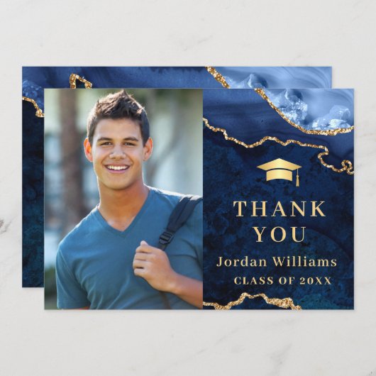 Modern Golden Blue Marble Agate Afstuderen Bedankkaart (Voorkant / Achterkant)