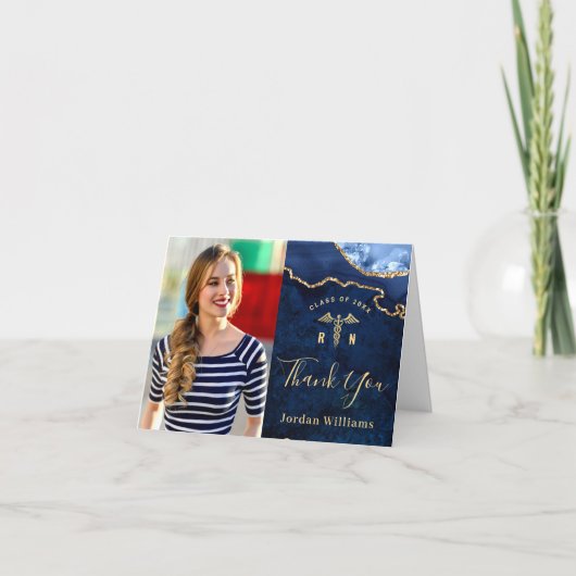 Modern Golden Blue Marble Agate RN Afstuderen dan Bedankkaart (Voorkant)