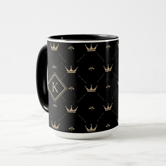 Modern Golden Crown Pattern Monogram Initiaal Zwar Mok (Voorkant links)