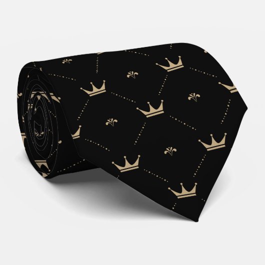 Modern Golden Crown Pattern Monogram Initiaal Zwar Stropdas (Opgerold)