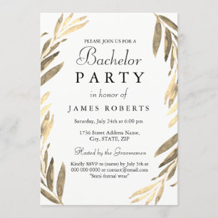 Modern Golden Leaf Bachelor Party Invite Kaart