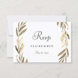 Modern Golden Leaf Wreath Wedding RSVP Kaartje
