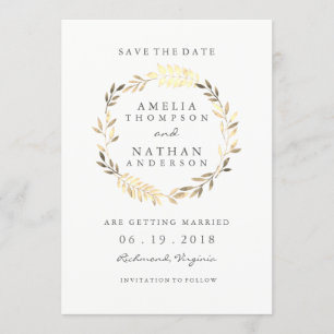 Modern Golden Leaf Wreath Wedding Save the Date
