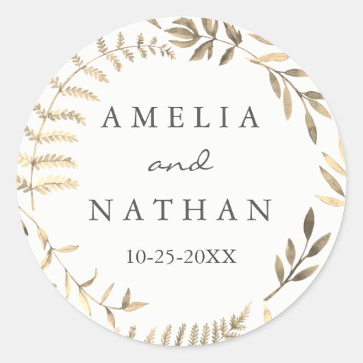 Modern Golden Leaf Wreath Wedding Sticker (Voorkant)