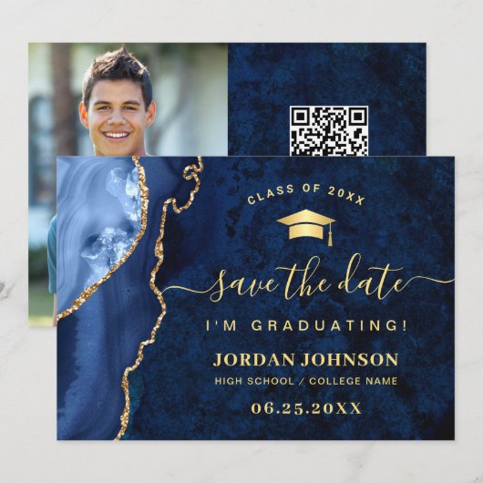 Modern Golden Navy Blue Marble Afstuderen QR Save The Date (Voorkant / Achterkant)
