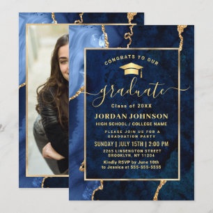 Modern Golden Navy Blue Marble Graduation Party Kaart