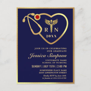 Modern Golden Navy Nursing Afstuderen Invitation Briefkaart