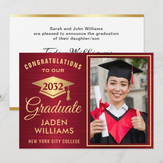 Modern Golden Red PHOTO Afstuderen Kaart (Voorkant / Achterkant)