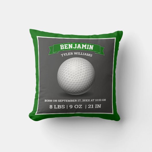 Modern Golf Ball Baby Birth Stats Kussen (Voorkant)
