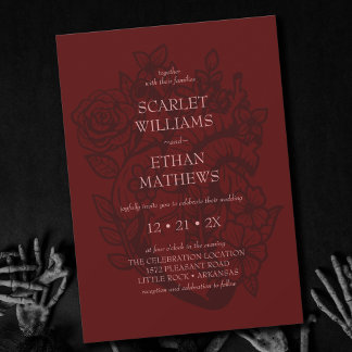 Modern Gothic Wedding Blood Red Eerie Floral Heart Kaart