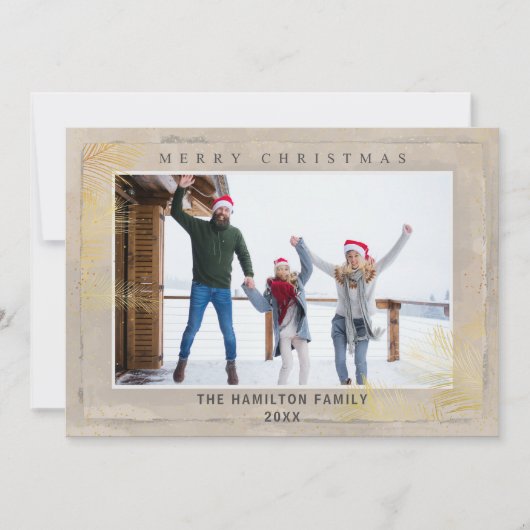 Modern Goud & Beige Foliage Kerstmis Feestdagenkaart (Voorkant)